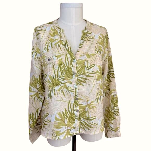 C&C California 100% Linen Tropical Botanical Print Buttons Roll Sleeve Blouse L - Picture 1 of 15